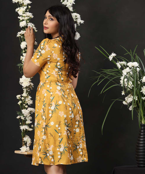 Round Neck Mustard Printed Dress